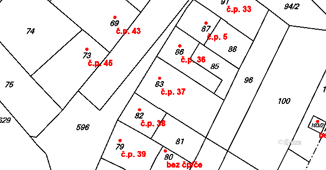 Lutotín 37, Bílovice-Lutotín na parcele st. 83 v KÚ Lutotín, Katastrální mapa