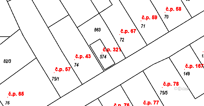 Luštěnice 321 na parcele st. 574 v KÚ Luštěnice, Katastrální mapa