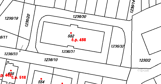 Kamenice 458 na parcele st. 582 v KÚ Kamenice u Jihlavy, Katastrální mapa
