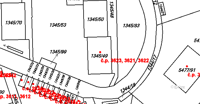 Jihlava 3621,3622,3623 na parcele st. 1345/49 v KÚ Jihlava, Katastrální mapa
