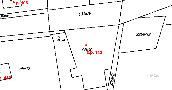 Dolní Líštná 143, Třinec na parcele st. 746/3 v KÚ Dolní Líštná, Katastrální mapa