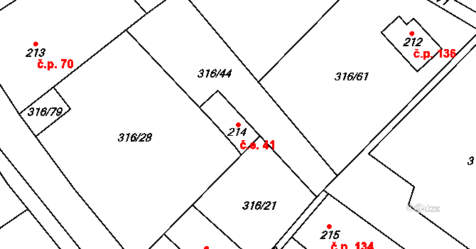 Řež 41, Husinec na parcele st. 214 v KÚ Husinec u Řeže, Katastrální mapa