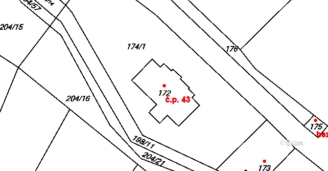 Provodín 43 na parcele st. 172 v KÚ Provodín, Katastrální mapa