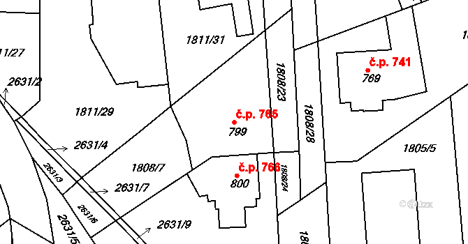 Tišnov 765 na parcele st. 799 v KÚ Tišnov, Katastrální mapa