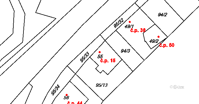 Kováry 15, Zákolany na parcele st. 55 v KÚ Kováry, Katastrální mapa