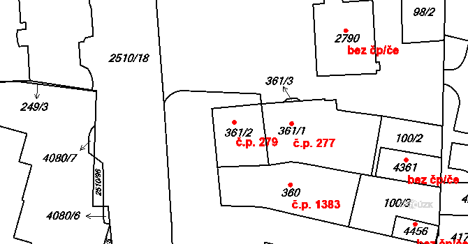 Kyjov 279 na parcele st. 361/2 v KÚ Kyjov, Katastrální mapa