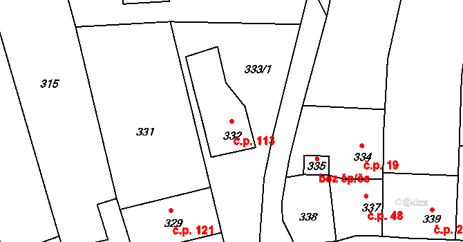 Horní Lhota 113, Blansko na parcele st. 332 v KÚ Horní Lhota u Blanska, Katastrální mapa