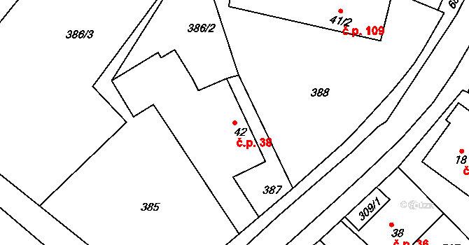 Polánky nad Dědinou 38, Třebechovice pod Orebem na parcele st. 42 v KÚ Polánky nad Dědinou, Katastrální mapa