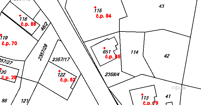 Hudlice 85 na parcele st. 651 v KÚ Hudlice, Katastrální mapa