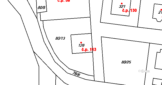Vysoký Újezd 113 na parcele st. 126 v KÚ Vysoký Újezd u Berouna, Katastrální mapa