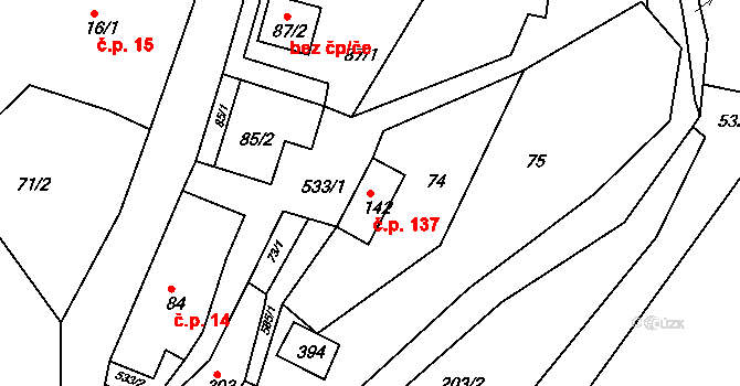 Dolní Poustevna 137 na parcele st. 142 v KÚ Dolní Poustevna, Katastrální mapa
