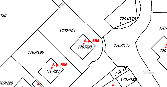 Miřetice u Klášterce nad Ohří 564, Klášterec nad Ohří na parcele st. 1707/20 v KÚ Miřetice u Klášterce nad Ohří, Katastrální mapa