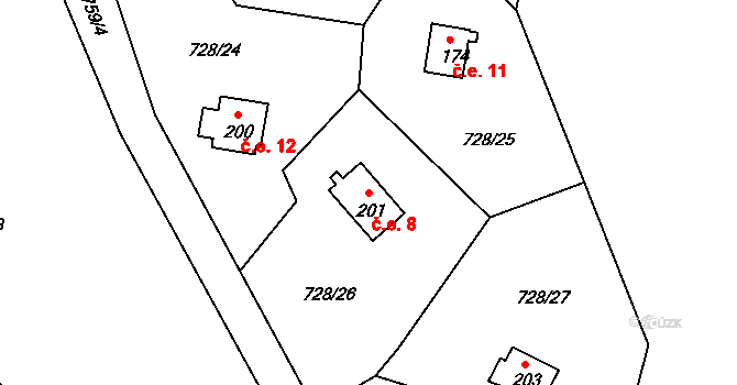 Krahulov 8 na parcele st. 201 v KÚ Krahulov, Katastrální mapa