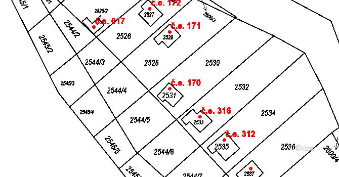 Obřany 170, Brno na parcele st. 2531 v KÚ Obřany, Katastrální mapa