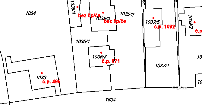 Řeporyje 671, Praha na parcele st. 1035/3 v KÚ Řeporyje, Katastrální mapa