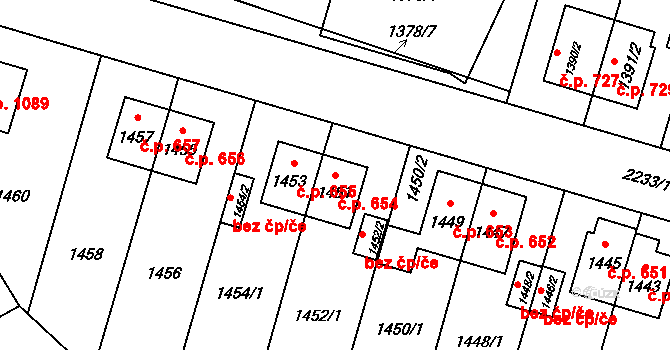 Ruzyně 654, Praha na parcele st. 1451 v KÚ Ruzyně, Katastrální mapa