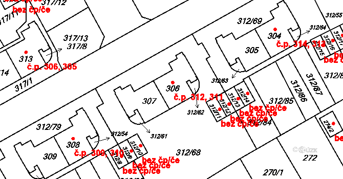 Letňany 311,312, Praha na parcele st. 306 v KÚ Letňany, Katastrální mapa