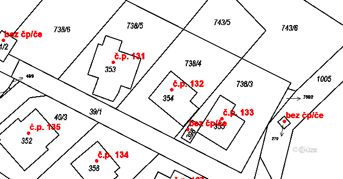 Hřiměždice 132 na parcele st. 354 v KÚ Hřiměždice, Katastrální mapa