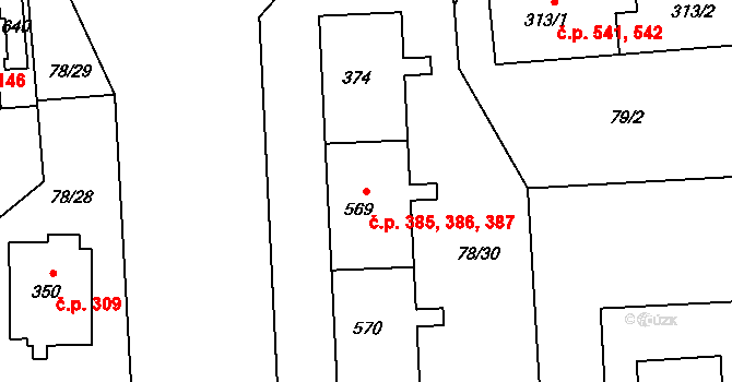 Neředín 385,386,387, Olomouc na parcele st. 374 v KÚ Neředín, Katastrální mapa