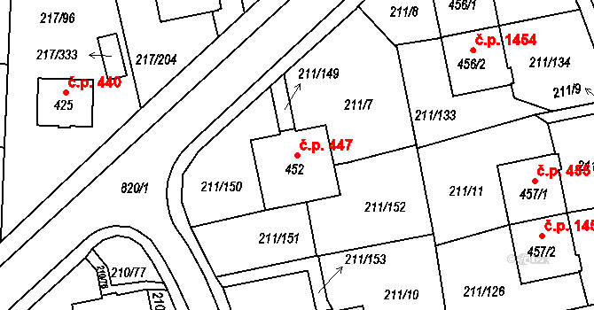 Sezimovo Ústí 447 na parcele st. 452 v KÚ Sezimovo Ústí, Katastrální mapa