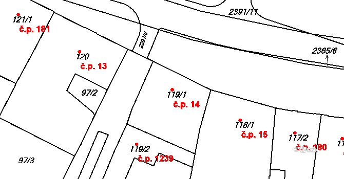 Rosice 14 na parcele st. 119/1 v KÚ Rosice u Brna, Katastrální mapa