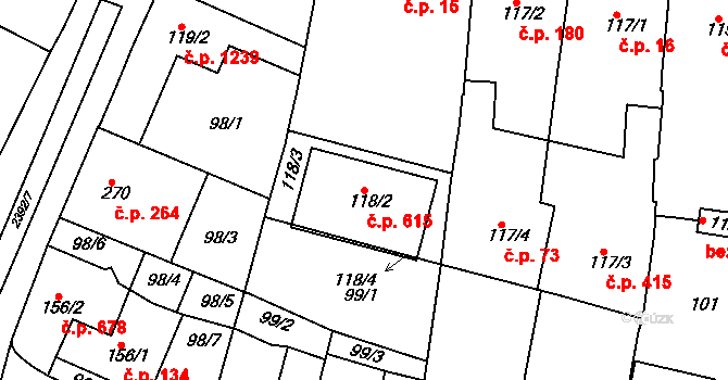 Rosice 615 na parcele st. 118/2 v KÚ Rosice u Brna, Katastrální mapa