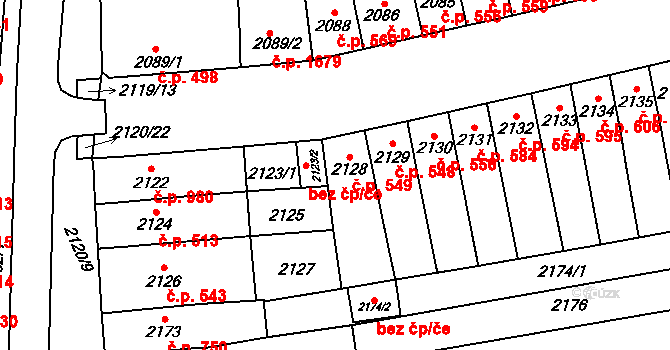 Šlapanice 549 na parcele st. 2128 v KÚ Šlapanice u Brna, Katastrální mapa
