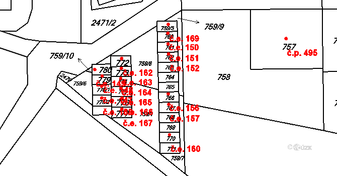 Střelice 155 na parcele st. 765 v KÚ Střelice u Brna, Katastrální mapa