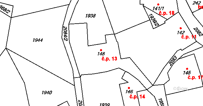 Myť 13, Mirošov na parcele st. 148 v KÚ Mirošov, Katastrální mapa