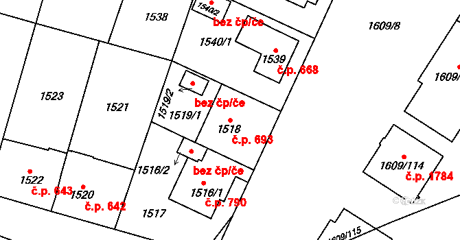 Bolevec 693, Plzeň na parcele st. 1518 v KÚ Bolevec, Katastrální mapa