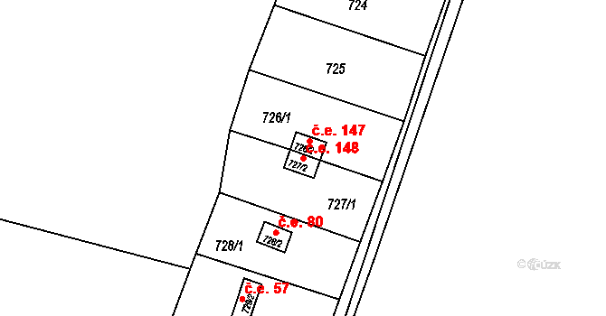 Křimice 148, Plzeň na parcele st. 727/2 v KÚ Křimice, Katastrální mapa