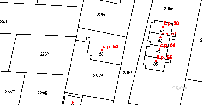 Kolomuty 54 na parcele st. 58 v KÚ Kolomuty, Katastrální mapa