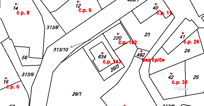 Černolice 143 na parcele st. 634 v KÚ Černolice, Katastrální mapa