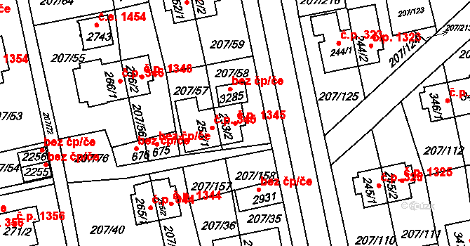 Sezimovo Ústí 1345 na parcele st. 253/2 v KÚ Sezimovo Ústí, Katastrální mapa