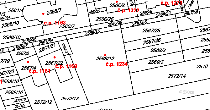 Komín 1234, Brno na parcele st. 2568/12 v KÚ Komín, Katastrální mapa