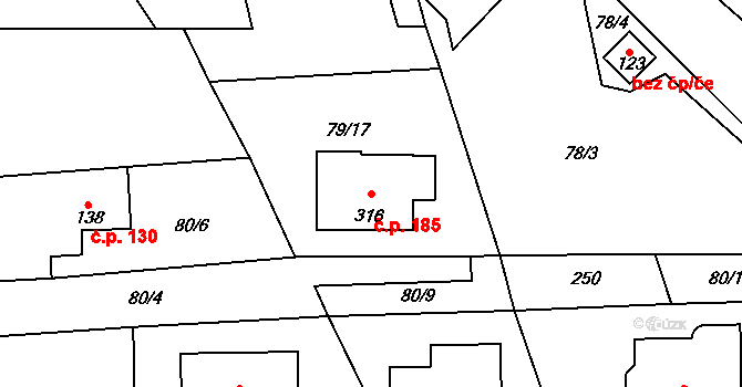 Písty 185 na parcele st. 316 v KÚ Písty u Nymburka, Katastrální mapa