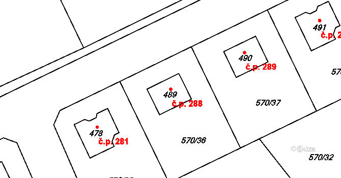 Tlustice 288 na parcele st. 489 v KÚ Tlustice, Katastrální mapa