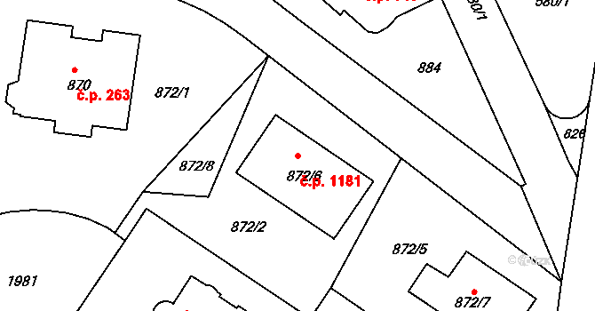 Podolí 1181, Praha na parcele st. 872/6 v KÚ Podolí, Katastrální mapa