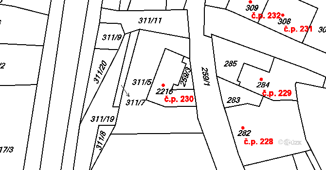 Jemnice 230 na parcele st. 2216 v KÚ Jemnice, Katastrální mapa