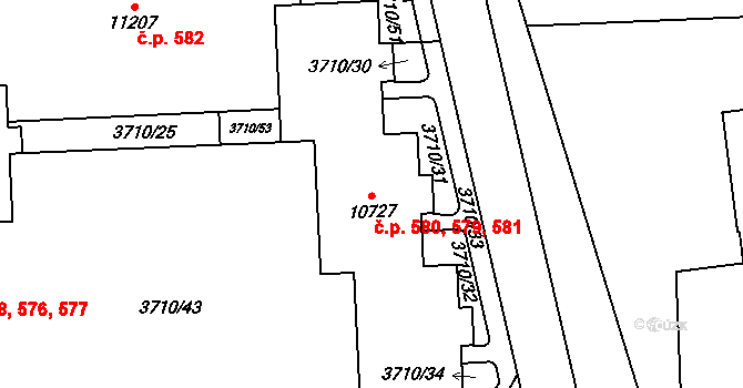 Polabiny 579,580,581, Pardubice na parcele st. 10727 v KÚ Pardubice, Katastrální mapa