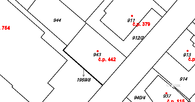 Bystřice nad Pernštejnem 442 na parcele st. 943 v KÚ Bystřice nad Pernštejnem, Katastrální mapa