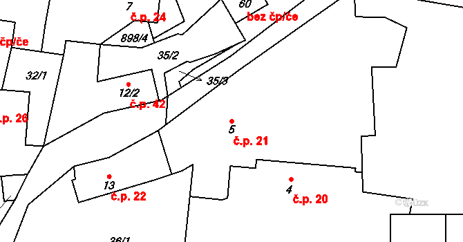 Malčice 21, Předotice na parcele st. 5 v KÚ Malčice u Mirotic, Katastrální mapa