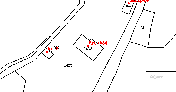 Dvořiště 1034, Bystřice nad Pernštejnem na parcele st. 242/2 v KÚ Dvořiště u Bystřice nad Pernštejnem, Katastrální mapa