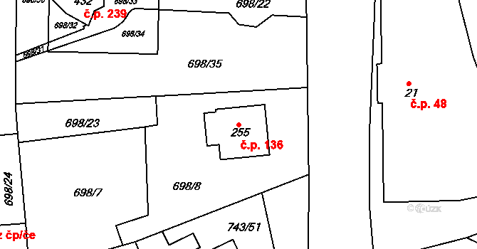 Škrdlovice 136 na parcele st. 255 v KÚ Škrdlovice, Katastrální mapa
