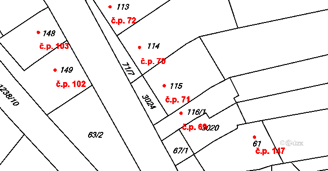 Topolany 71 na parcele st. 115 v KÚ Topolany u Vyškova, Katastrální mapa