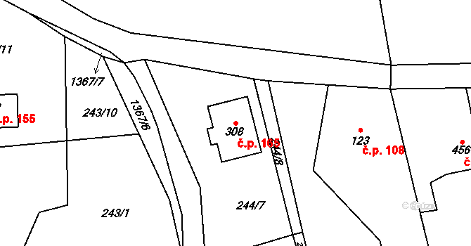 Hybrálec 165 na parcele st. 308 v KÚ Hybrálec, Katastrální mapa