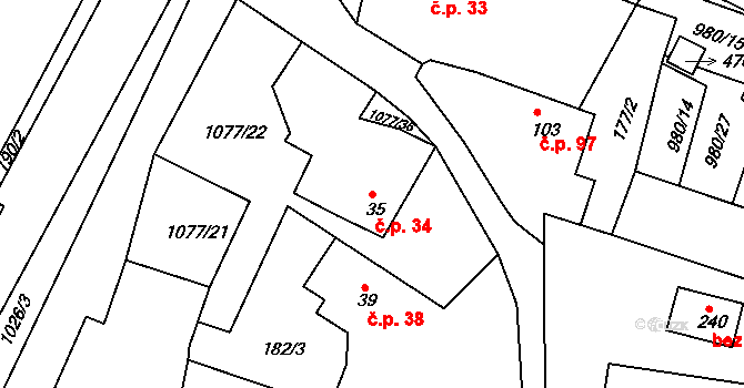 Čimelice 34 na parcele st. 35 v KÚ Čimelice, Katastrální mapa