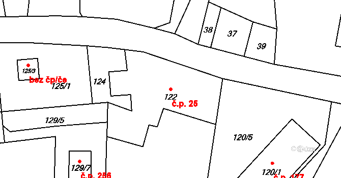 Horní Žukov 25, Český Těšín na parcele st. 122 v KÚ Horní Žukov, Katastrální mapa