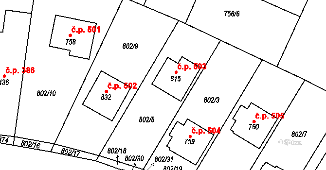 Hanušovice 503 na parcele st. 815 v KÚ Hanušovice, Katastrální mapa