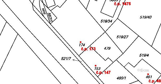 Neratovice 173 na parcele st. 174 v KÚ Neratovice, Katastrální mapa